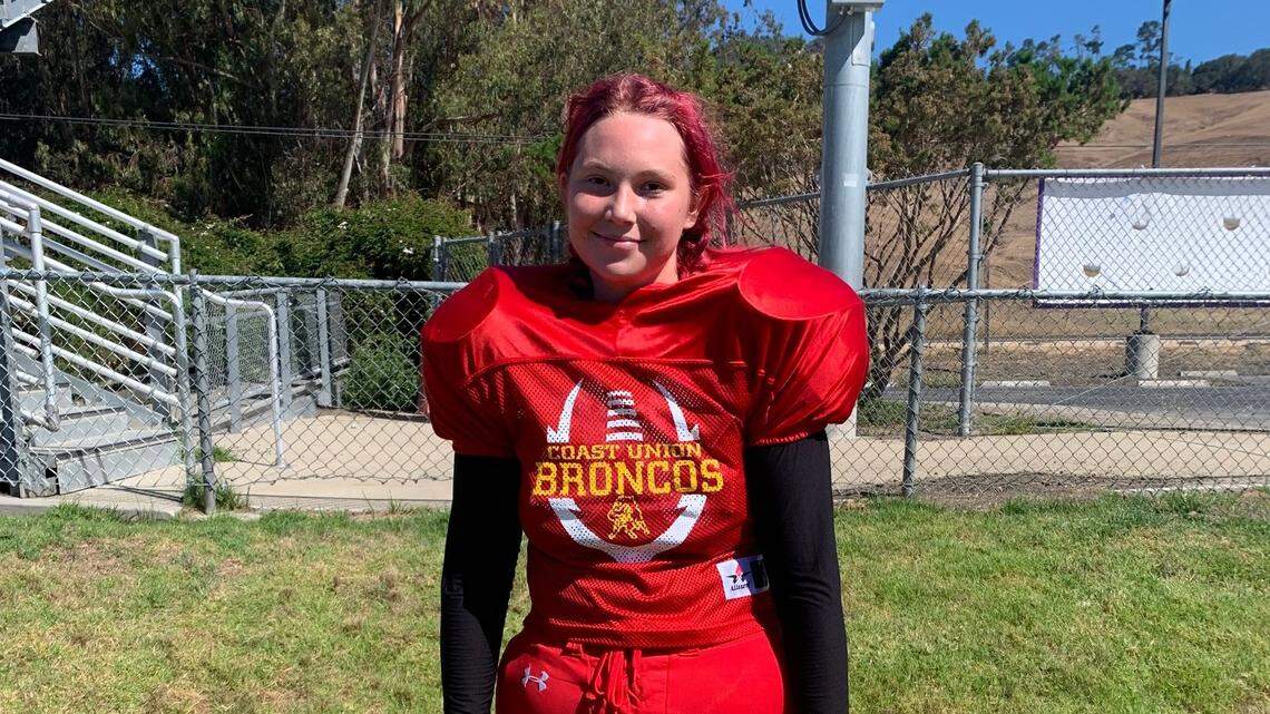 Emily Reed is one of two girls playing on the Coast Union High School football team this year. Valley Christian Academy in Santa Maria chose to forfeit its game against the Broncos rather than play against a team with girl players.