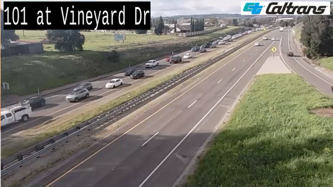 Traffic backs up on Highway 101 after multiple vehicles were involved in a crash near Templeton on Wednesday, Feb. 18, 2026.