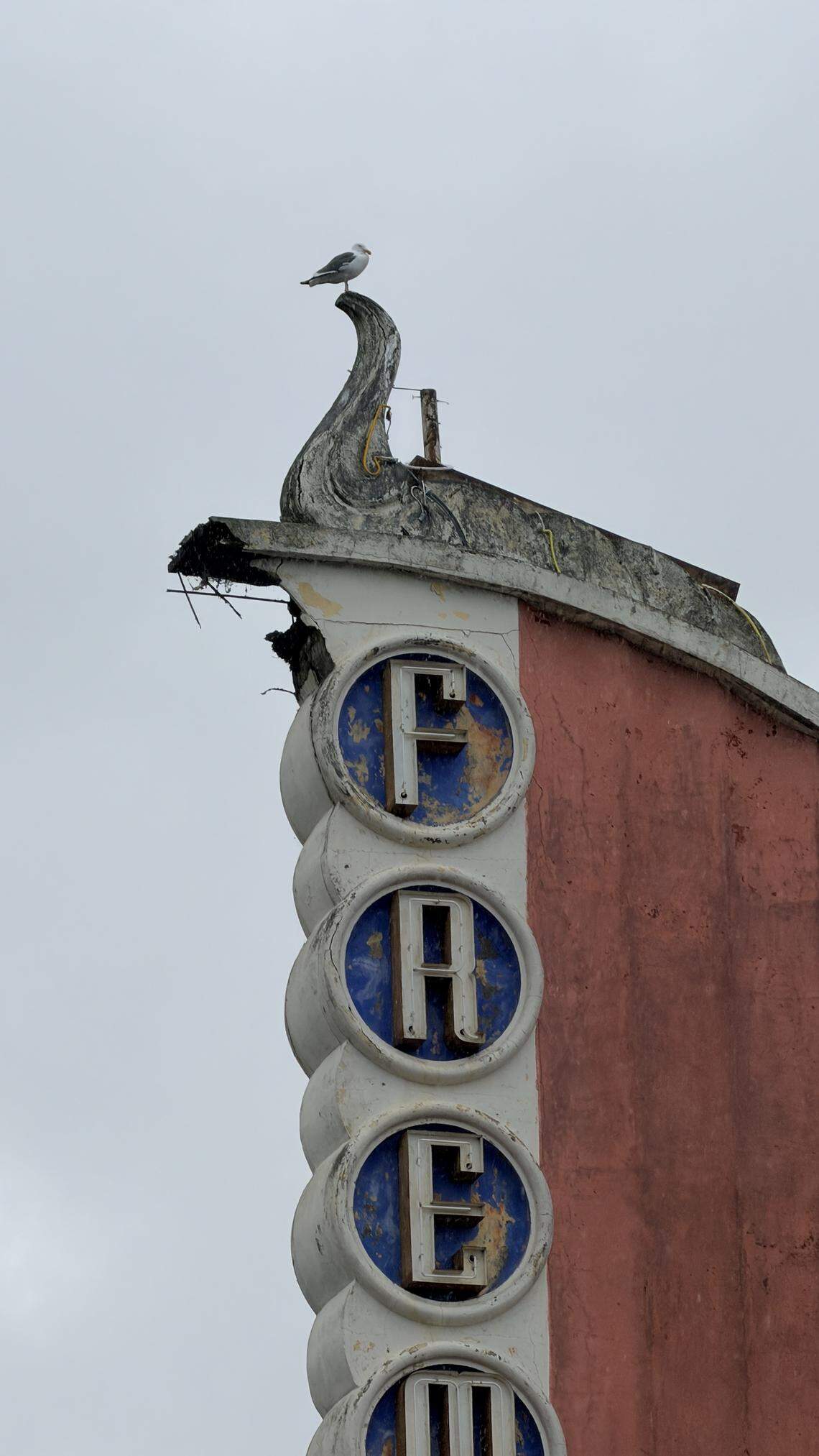 Monterey Street in San Luis Obispo was closed on Tuesday, Feb. 17, 2026, after a chunk of the Fremont Theater’s vertical marquee fell off.