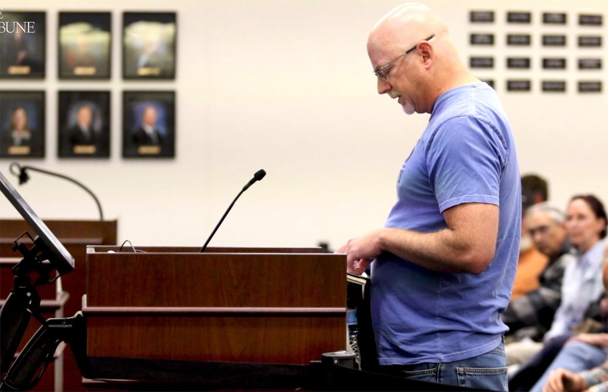 Trevor, the father of a transgender student at Arroyo Grande High School, speaks during a contentious Lucia Mar Unified School District board meeting on May 6, 2025. The Tribune is only using his first name in the interest of the family’s safety.