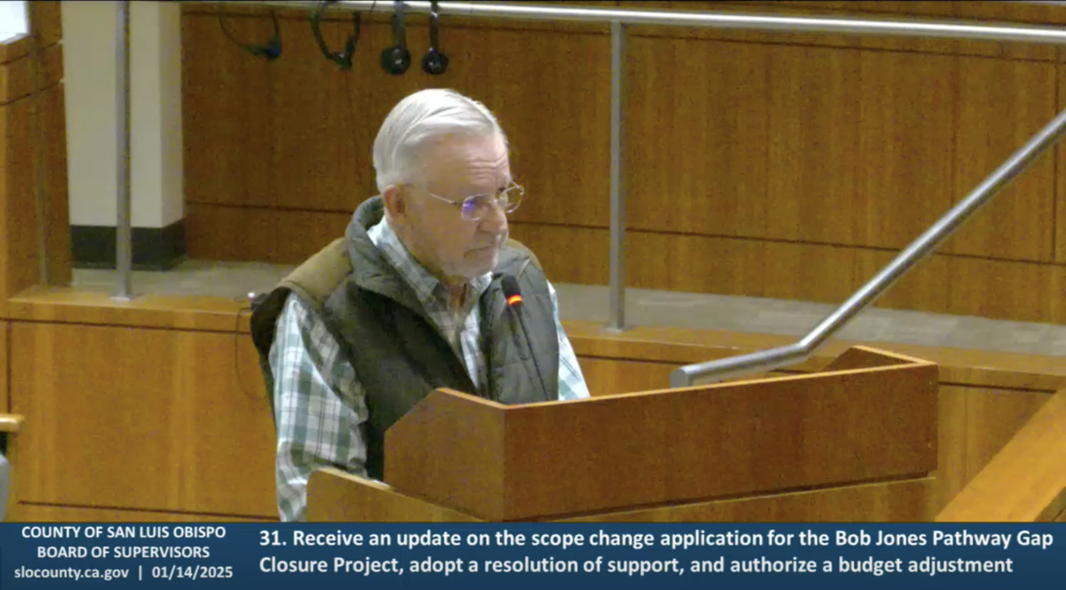 Local rancher Ray Bunnell, who owns land along the proposed Bob Jones Trail pathway and has long objected the trail being built on his property, spoke about the bike path’s new design at the San Luis Obispo County Board of Supervisors meeting on Tuesday Jan. 14, 2025.