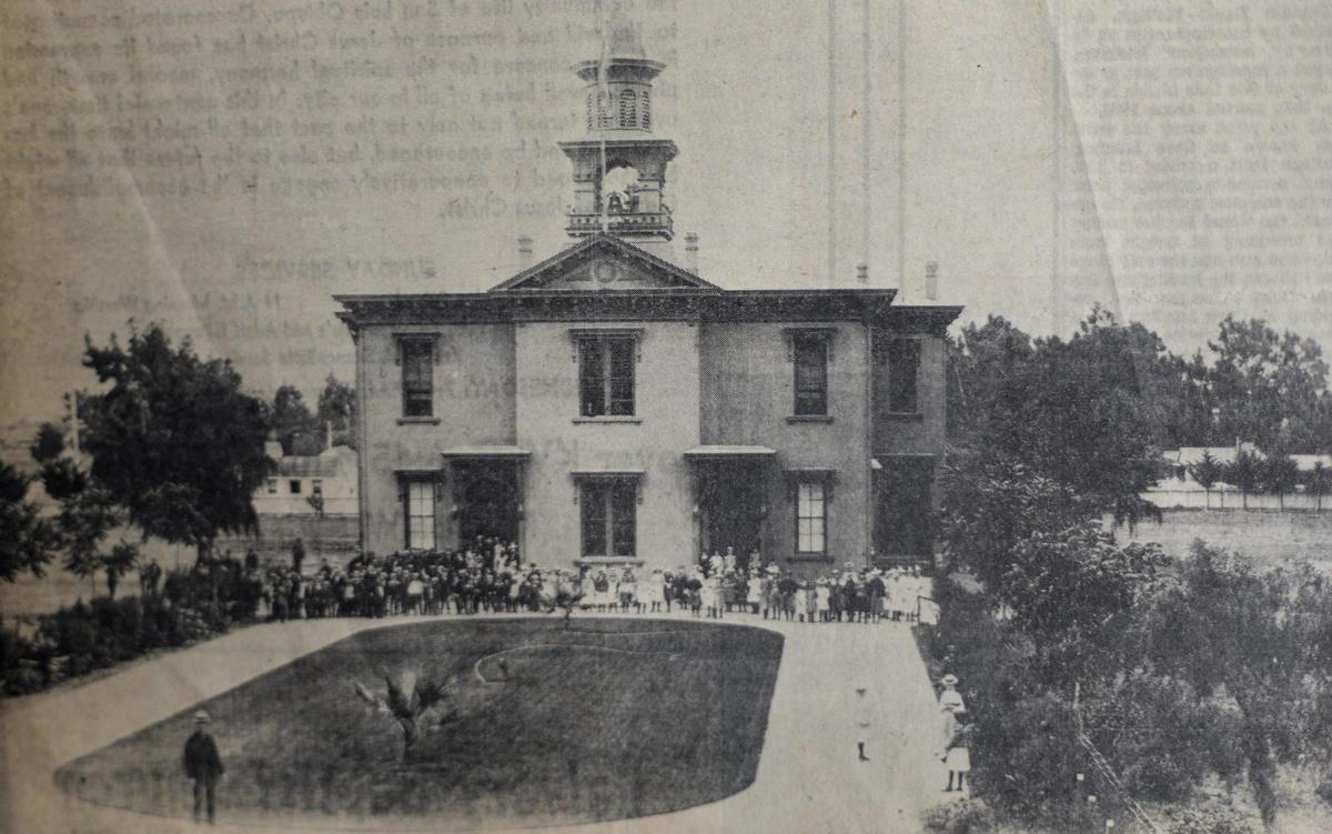 A Telegram-Tribune Centurama clipping showing Emerson School circa 1900. This is the second of three schools on the site. The first was built in 1869 and burned down Nov. 10, 1884. This second building was demolished shortly after World War II and replaced by a third building.