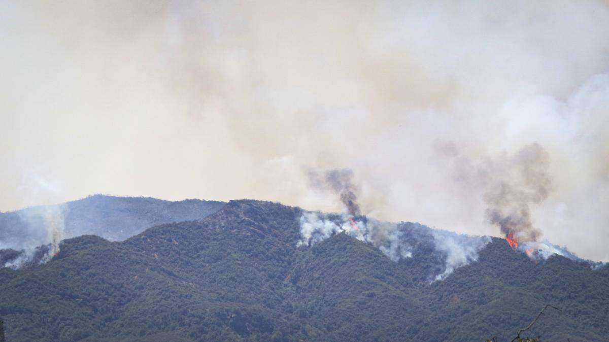 Flames from the Gifford Fire could be seen in the rugged Los Padres National Forest near Parkhill Road on Aug. 13, 2025.