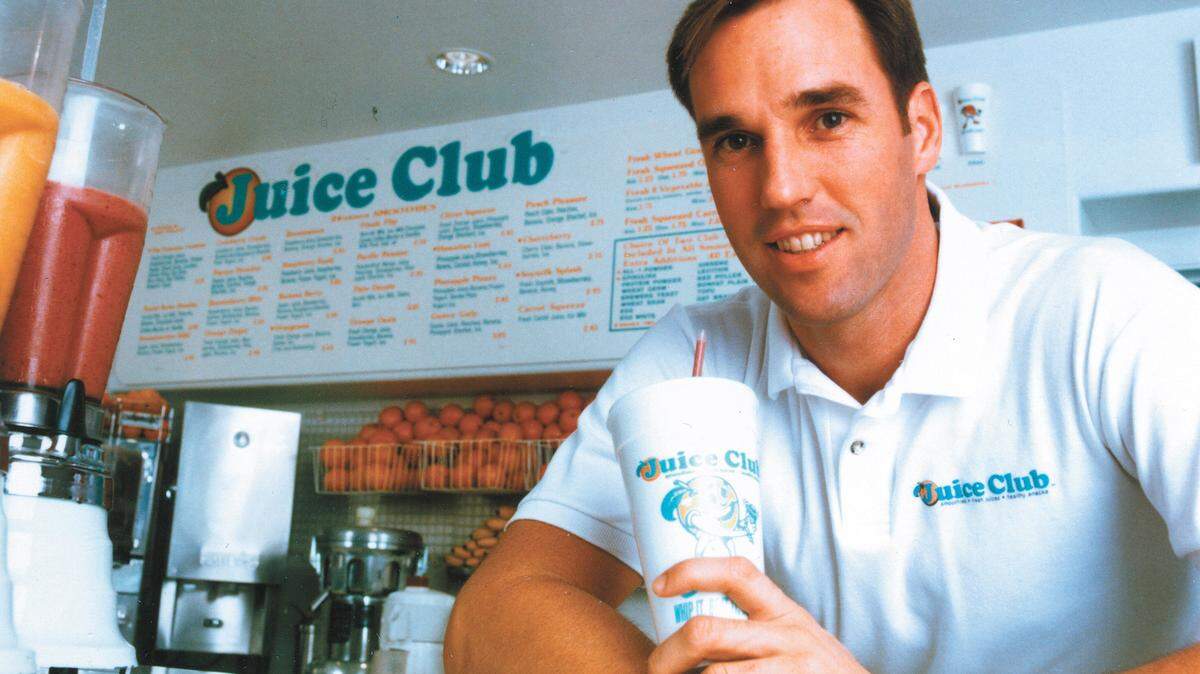 Kirk Perron at Juice Club store #1 in 1993. The name would change in 1995 to Jamba Juice. photo by Steve Finson
