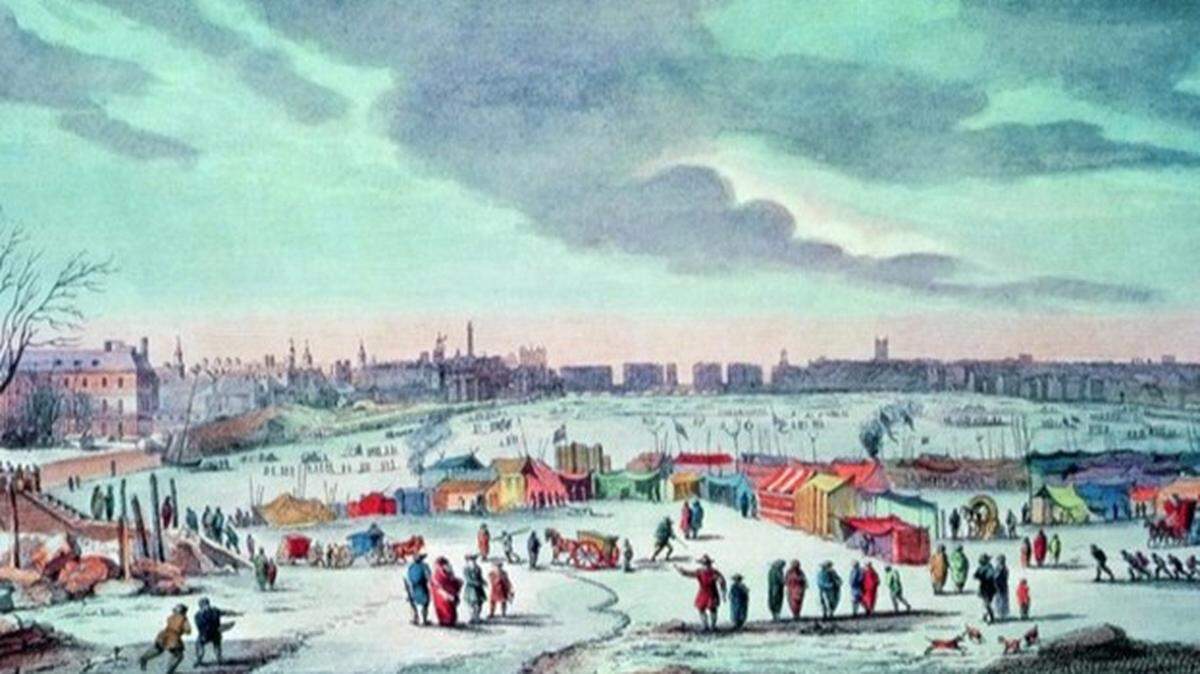 An engraving depicts London in the winter of 1683 to 1684 when so-called “frost fairs” were held on the frozen Thames River.