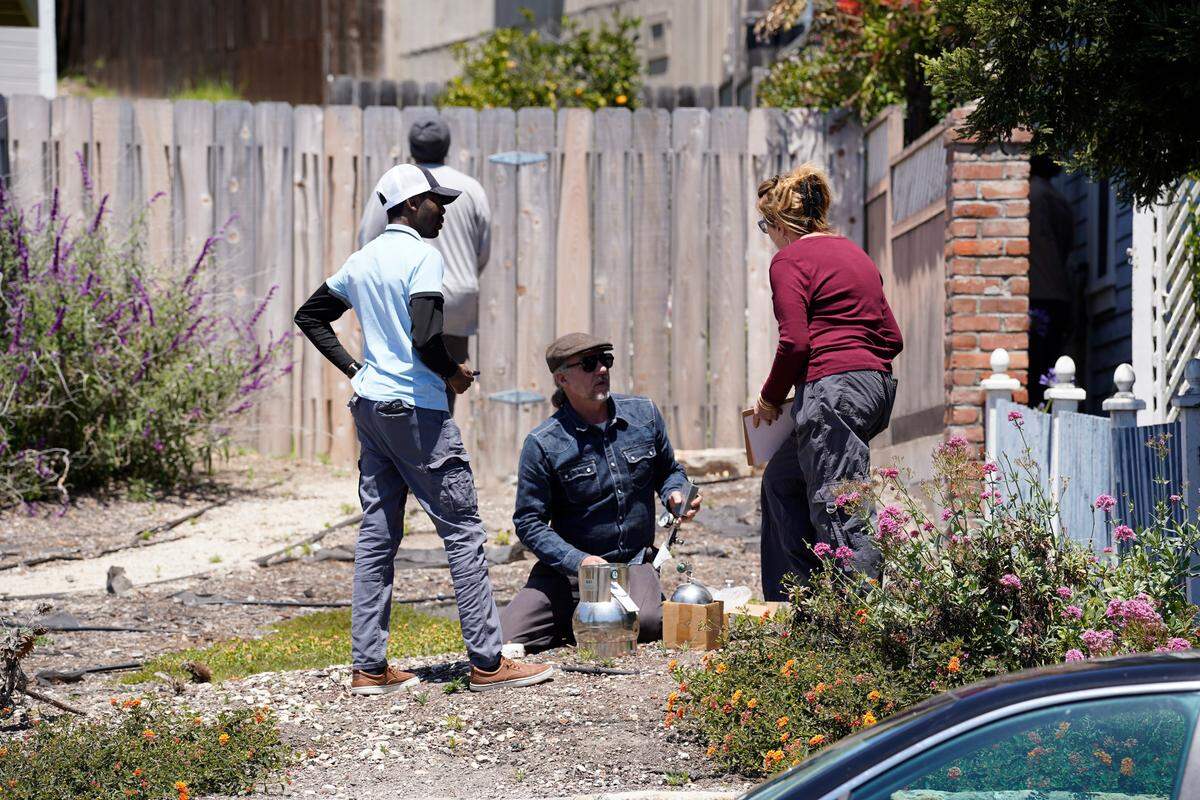A scientist performs soil vapor testing in the front yard of the property next door to Susan Flores’ home on East Branch Street in Arroyo Grande as part of the Kristin Smart investigation on May 6, 2026. Susan Flores is the mother of Paul Flores, who was convicted of Smart’s murder in 2022.