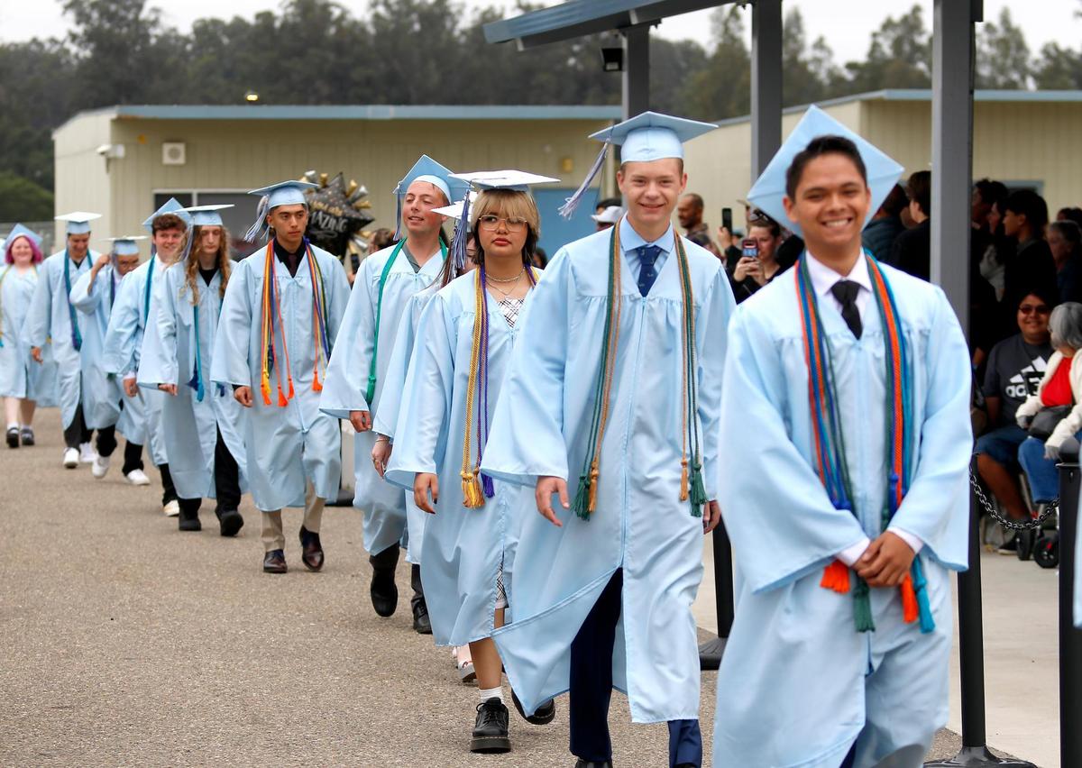 The graduating class of 2025 walk into the commencement stage. Central Coast New Tech High School honored 57 graduates in the Class of 2025 on June 7, 2025. Students are heading to schools like UC Davis, Cal Poly and UC Berkeley.