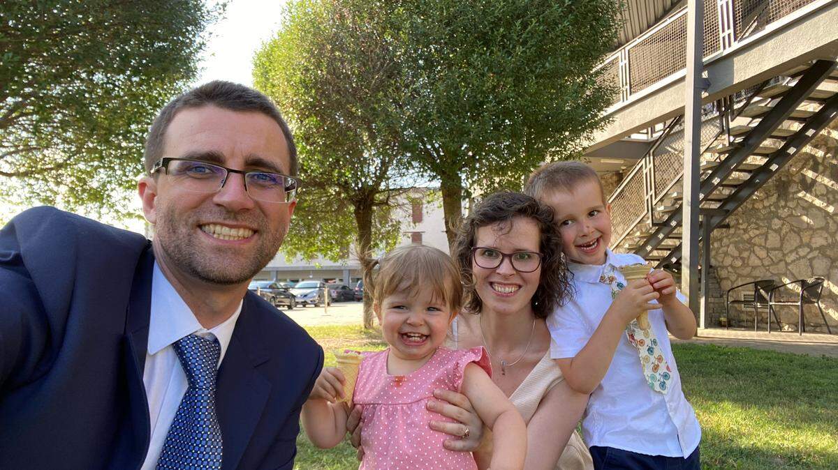 Columnist Kathe Tanner is especially worried about ‘acquired’ son Kristopher Greek and his family, who live in Hungary, only a few hundred miles from where war is raging in Ukraine. He’s shown here in a selfie with wife Adri, 2-year-old daughter Emese and 5-year-old son Zoltan.