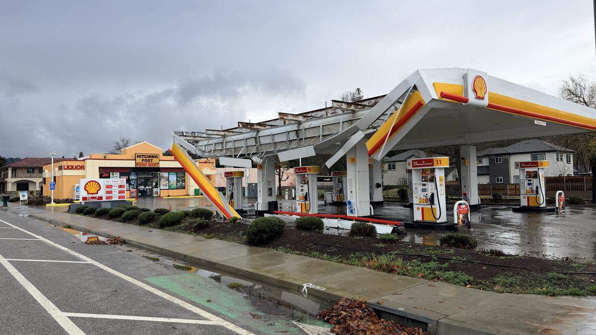 The Shell gas station on Highway 41 in Atascadero was forced to close after high winds tore down part of the canopy over the pumps on Dec. 25, 2025.