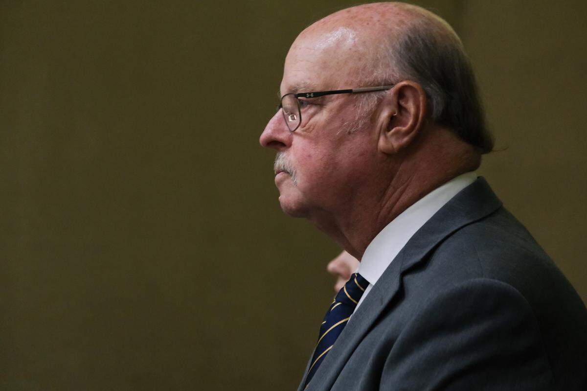 Defense attorney Robert Sanger listens to the judge during a hearing in the case against his client, Fallyn Rollins, in San Luis Obispo Superior Court on Feb. 24, 2025. Rollins, a former probation officer, was accused of embezzling money from the Probation Department units while serving as treasurer.