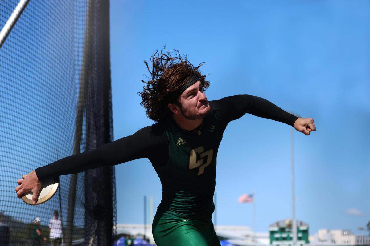 Cal Pol track and field athlete Rory Devaney throws discus at Conover Classic. Photo courtesy of Maddie Harrell/Cal Poly Athletics