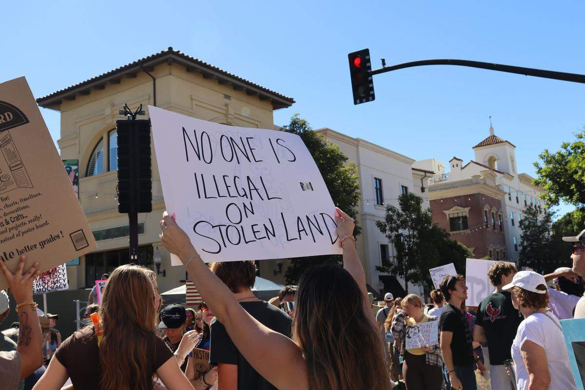 Thousands of people attended the No Kings rally in downtown San Luis Obispo to protest the Trump administration and support Prop. 50 on Oct. 18, 2025.