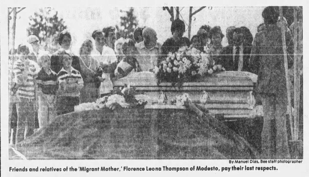 Friends and relatives of the “Migrant Mother,” Florence Leona Thompson of Modesto, pay their last respects.