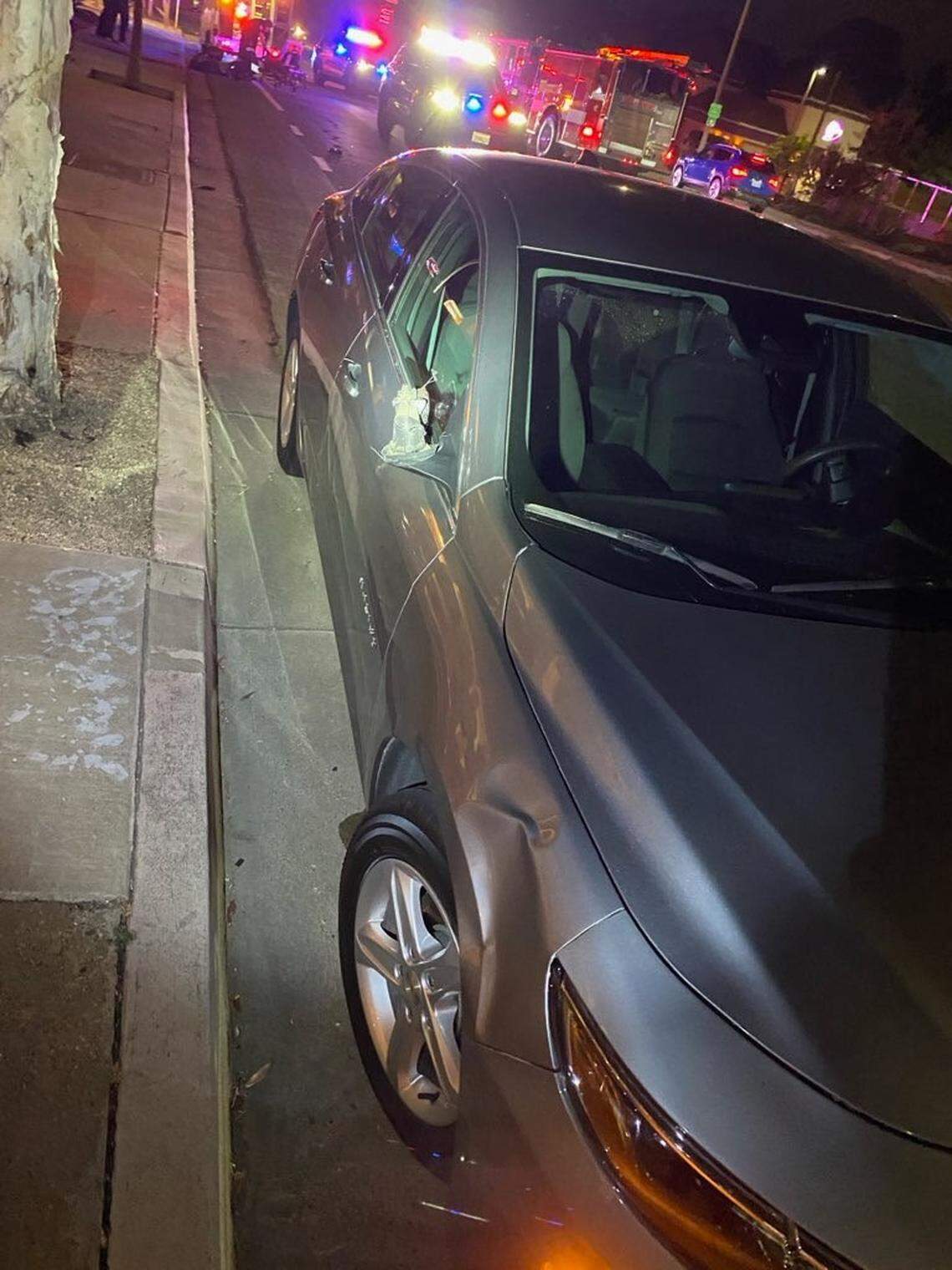 A car after it struck a pedestrian who was crossing mid-block on Santa Rosa Street near Taco de Mexico on June 9, 2025.