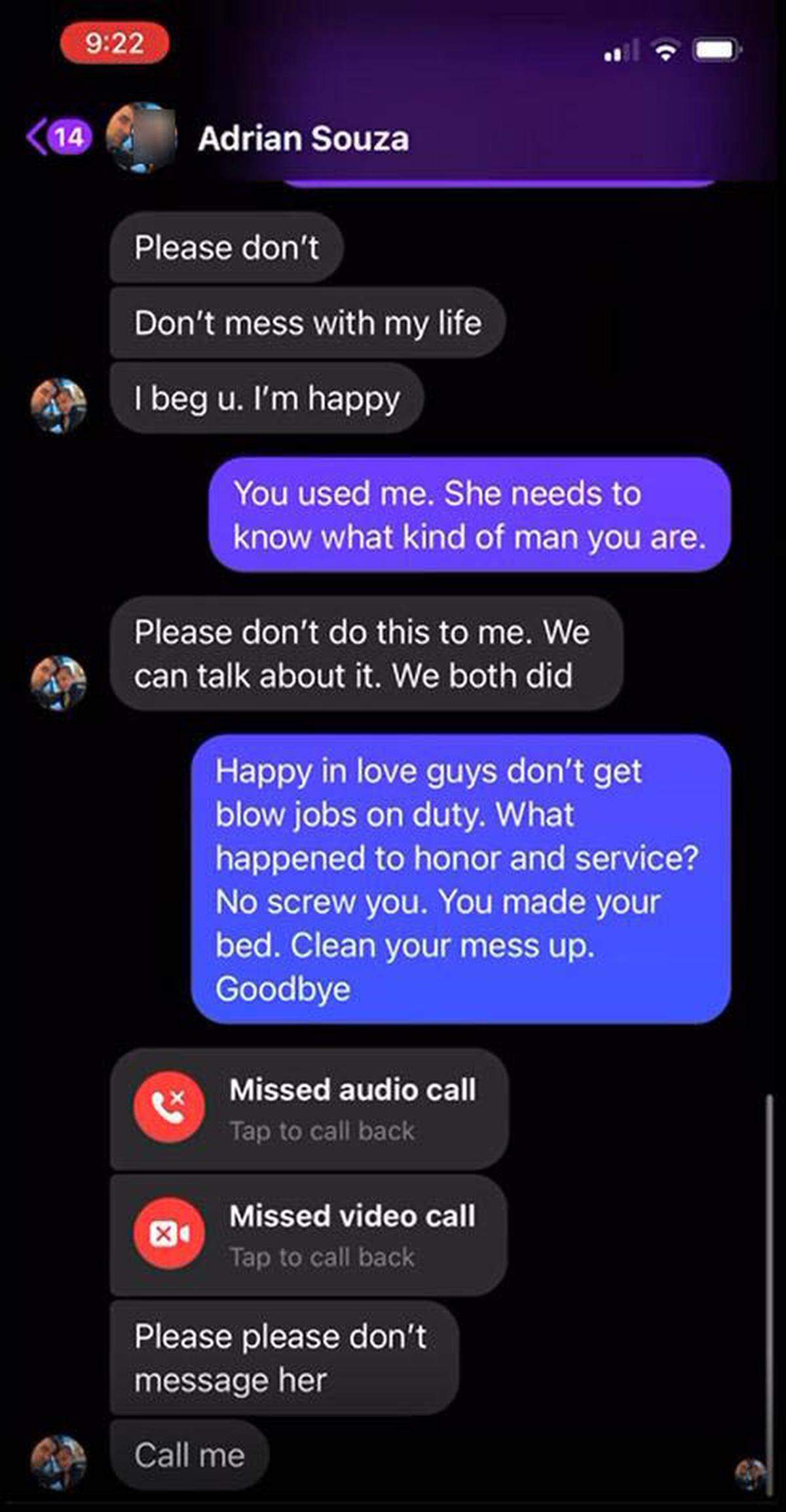 A Facebook Messenger exchange between former Pismo Beach Police Department Sergeant Adrian Souza and a woman he would meet for on-duty oral sex after she told him he would tell his girlfriend he was being unfaithful. The woman sent this photo to the Pismo Beach Police Department as part of an internal affairs investigation.