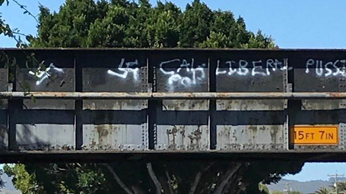 The Union Pacific Railroad bridge at Monterey and Pepper streets was tagged with swastikas and the phrase "Cal Poly liberal pu--ies" just a few days after it had previously been painted with the phrase "Cal Poly racist hicks."