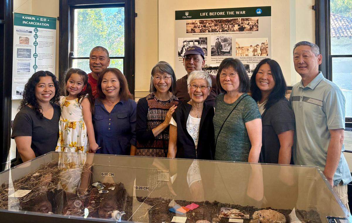 Members of the Yoshida family gather in the History Center of San Luis Obispo County on May 30, 2025, for the debut of an exhibit featuring artifacts discovered decades after the family was forcibly relocated to an internment camp from their homestead near Montaña de Oro State Park.
