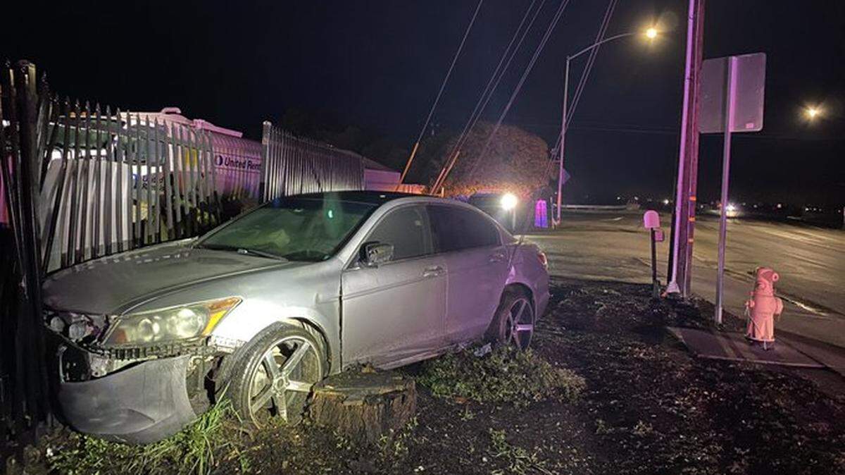 The San Luis Obispo Police Department found an abandoned car crashed into a fence near Tank Farm Road and Santa Fe Road early Thursday morning.
