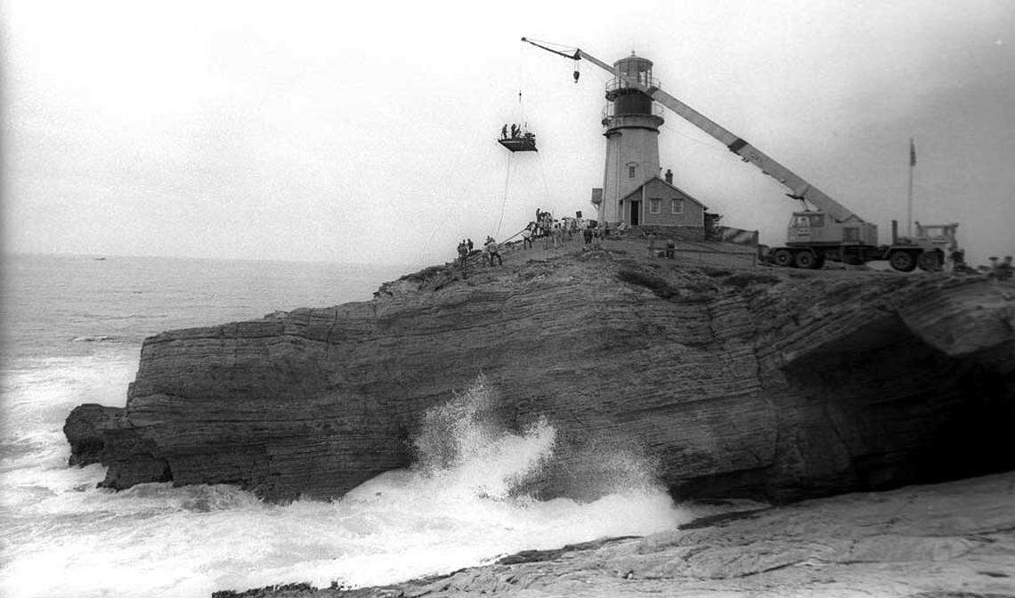 Production crews for the movie “Pete’s Dragon” construct a lighthouse at Point Buchon in Montana de Oro State Park near Los Osos in 1976.