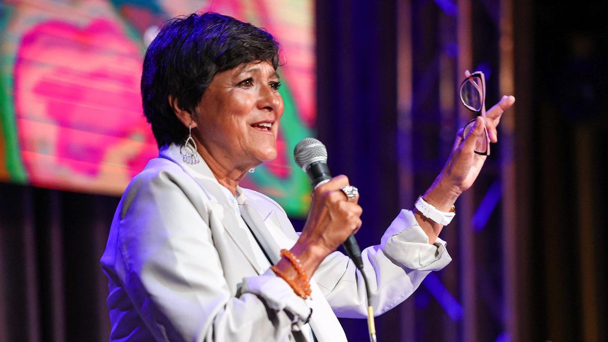 Dawn Ortiz-Legg talks to supporters at her election night party in San Luis Obispo on Tuesday, June 7, 2022, as returns showed her witih a strong lead in the District 3 supervisor’s race.