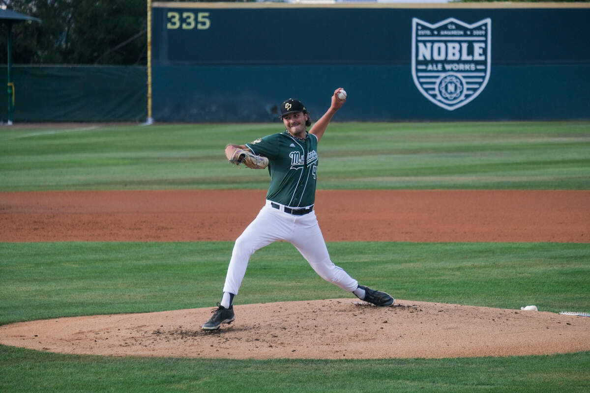 Josh Volmerding pitches during Cal Poly’s 12-2 loss to UC San Diego on Saturday, May 23, 2026. Volmerding threw four innings for the Mustangs.
