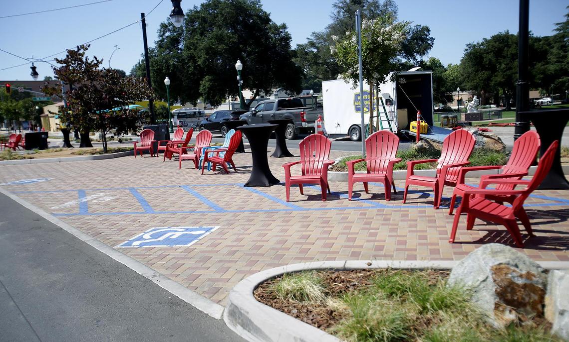 Chairs were set up on the newly designed median on El Camino Real for the block party Friday, June 27, 2025, Atascadero completed its downtown makeover on El Camino Real with new parking, lights and greenery.