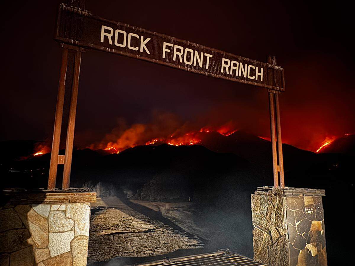 Fire encroaching upon the Rock Front Ranch during the initial stages of the Gifford Fire on Friday, Aug. 1, 2025.
