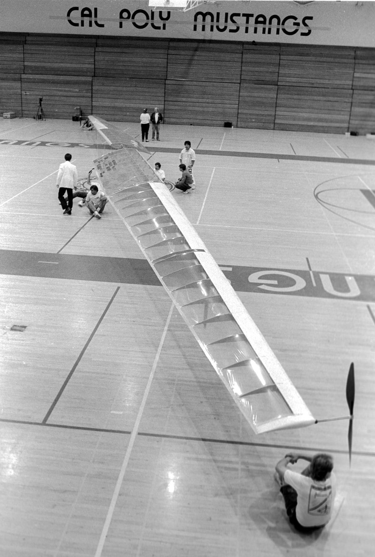 A human-powered helicopter is prepared for flight in what would later be named Mott Athletics Center on Dec. 10, 1989.