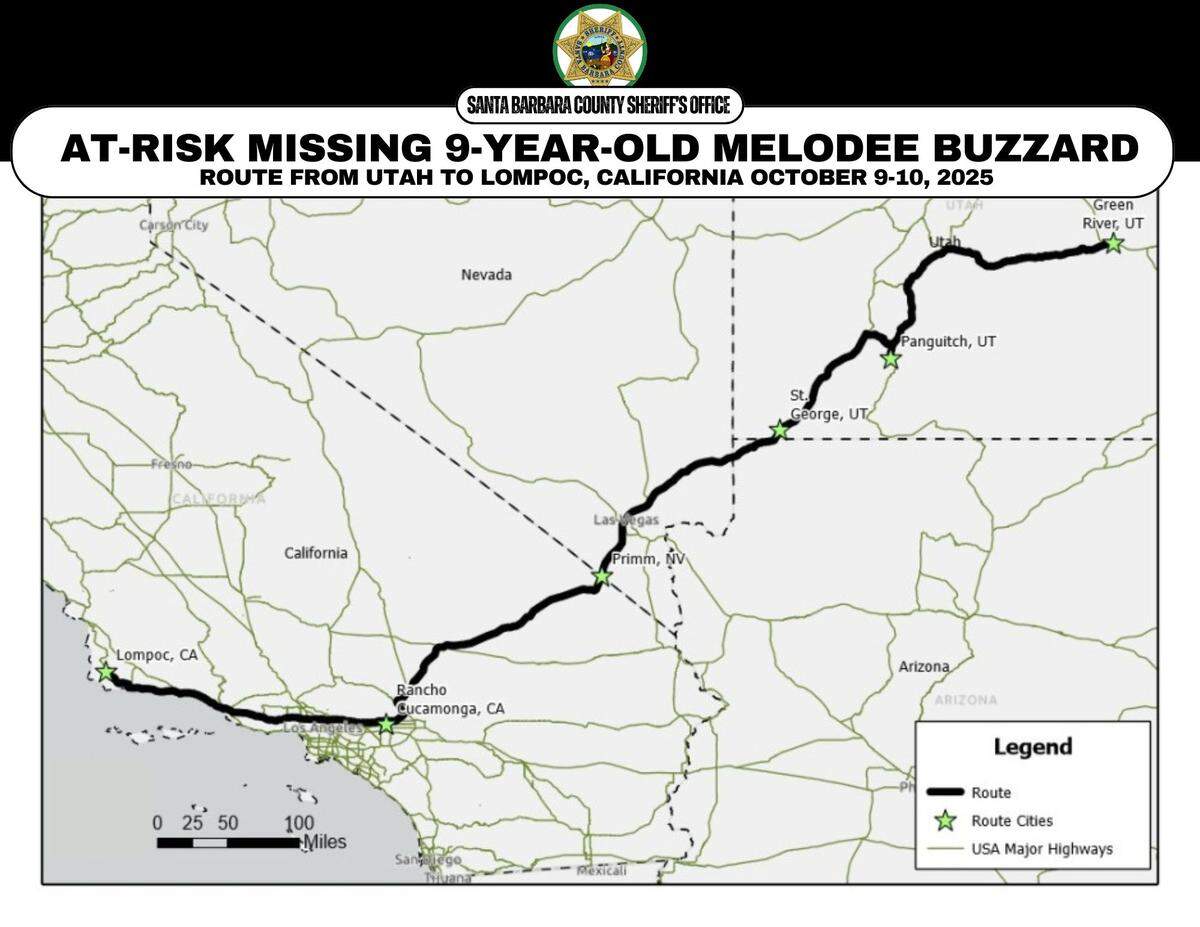 A map shows the return route where Ashlee Buzzard and her 9-year-old daughter, Melodee, were seen driving on Oct. 9, according to the Santa Barbara County Sheriff’s Office. Melodee Buzzard has been missing since Oct. 7, when her mom rented a car in Lompoc and drove Nebraska and back. Melodee did not return to her Lompoc home after the road trip.