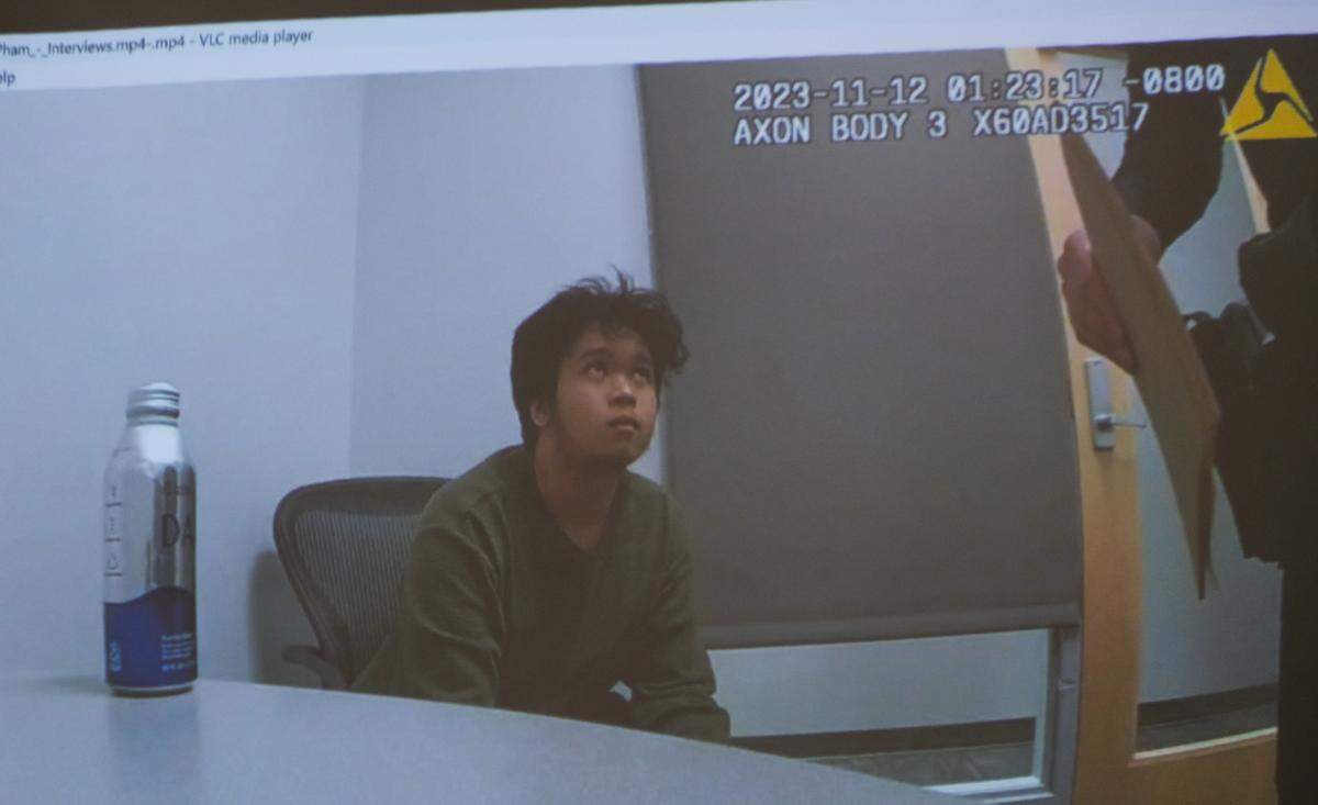 A video shown in San Luis Obispo Superior Court on Feb. 3, 2025, shows Cal Poly student Charles Hojaboom being questionged by campus police on Nov. 11, 2023, after being found with guns on campus. San Luis Obispo Superior Court Judge Catherine Swysen ruled there was enough evidence for Hojaboom to face trial on multiple felony gun charges.