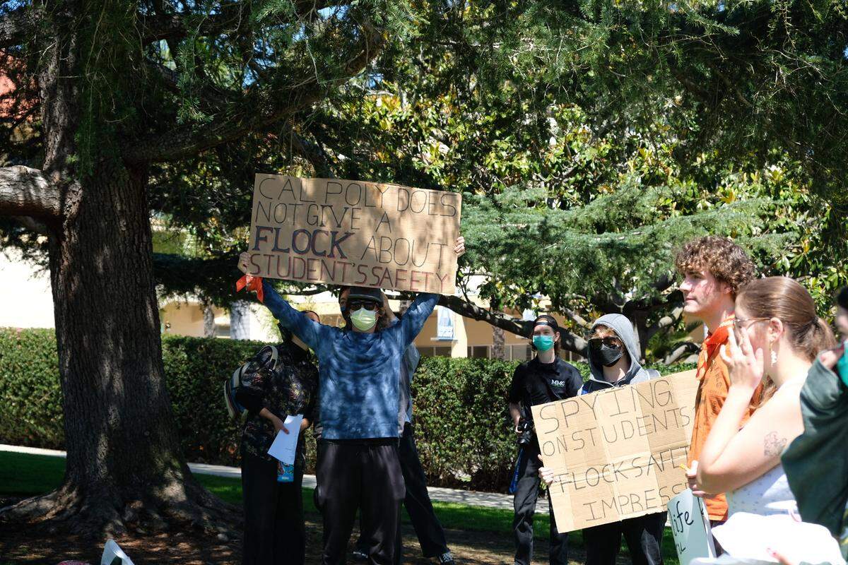 Students protested the use of Flock cameras, citing concerns about safety and privacy at Cal Poly on May 15, 2026.