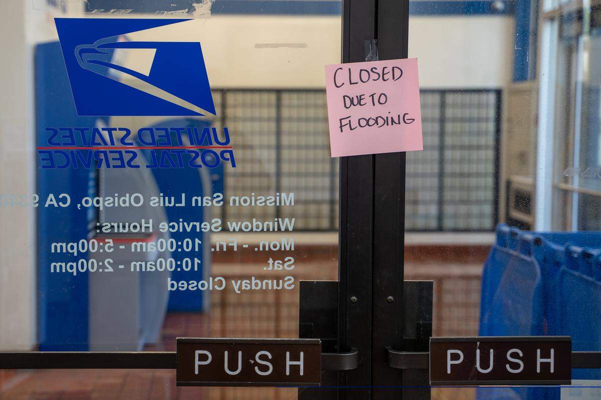 The United States Postal Service office on Marsh Street in San Luis Obispo was flooded during an atmospheric river event on Monday, Nov. 17, 2025.