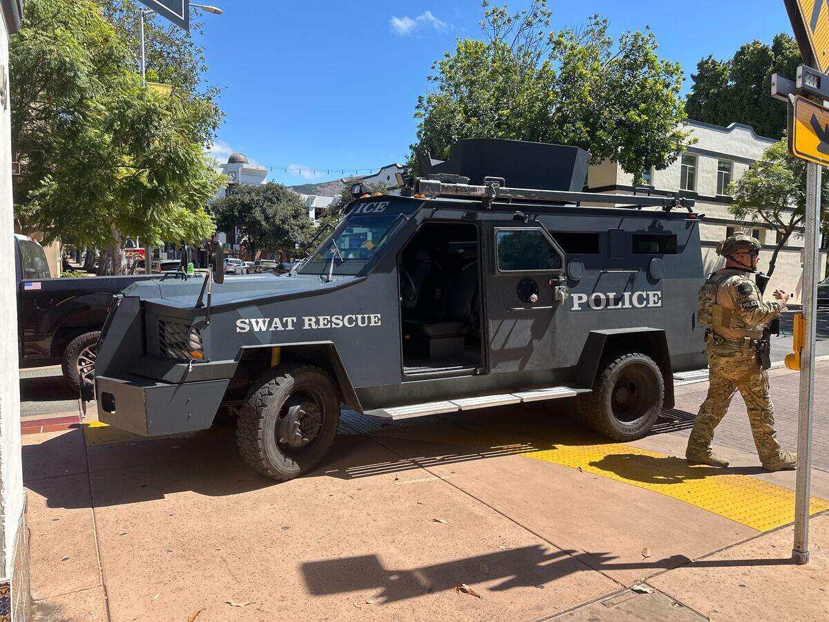 San Luis Obispo police blocked off Marsh and Garden streets downtown Sept. 9, 2025, due to a person barricaded inside Hotel Cerro. A regional SWAT team was also at the scene.