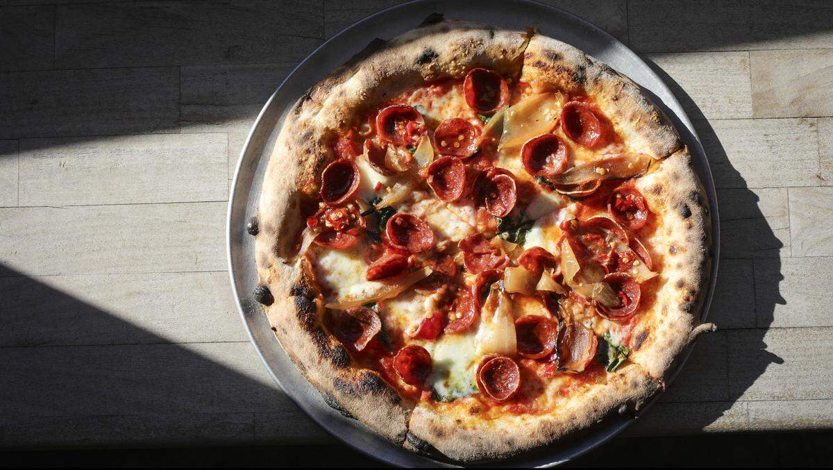Peeper-Roni, tomato sauce, house mozzarella, pepperoni, caciocavallo, garlic, vinegar charred onion, Calabrian chili, basil. A new pizza restaurant is open on Traffic Way, Lebbers Pizza Atascadero seen here on Oct. 8, 2025.