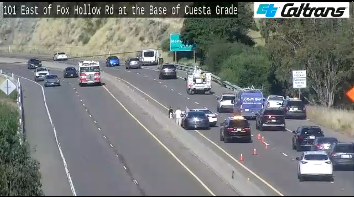 A crash involving three or four vehicles at the base of the Cuesta Grade slowed traffic to a crawl on southbound Highway 101 on Wednesday, April 15, 2026.