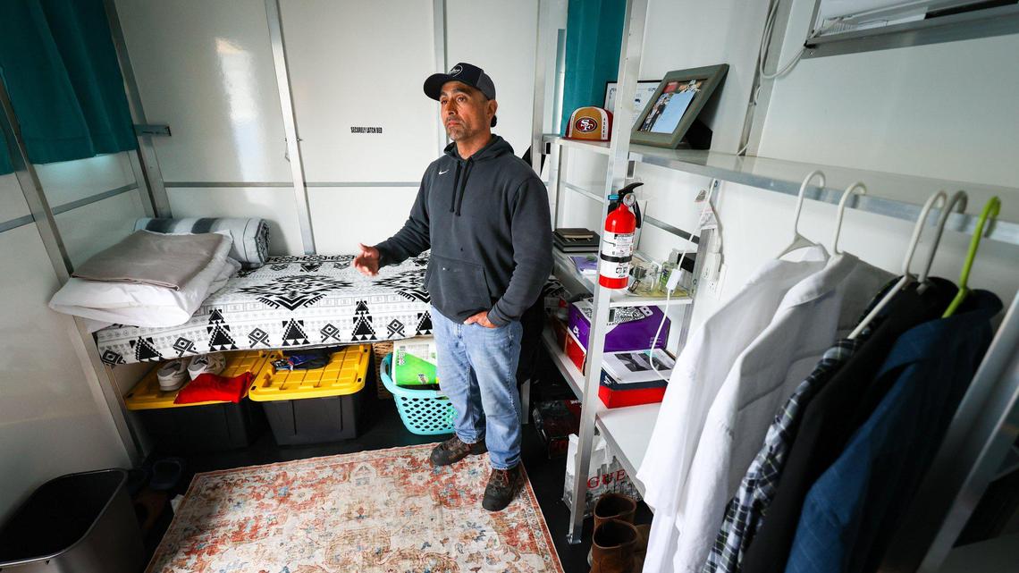 Marcos David Rodriguez was living in his car when a police officer told him about the Cabins for Change program in Grover Beach. He went from there to this no-frills cabin, seen here on April 28, 2023, and now graduating from the program to a home of his own.