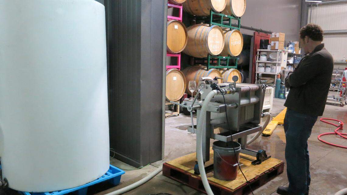 Lone Madrone assistant wine and cider maker Ryan Pease monitors the filtering process for the latest batch of Bristols Hard Apple Cider. 