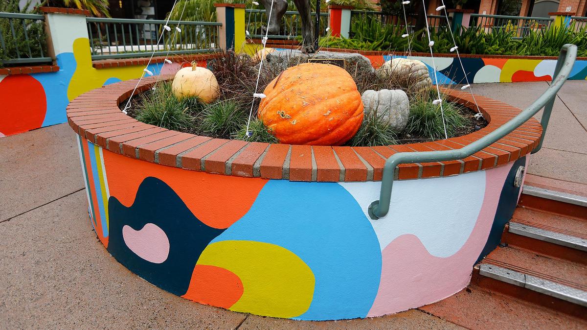 Outdoor “furniture” at the Downtown Centre in San Luis Obispo has gotten a bright, new, pop-arty paint job.