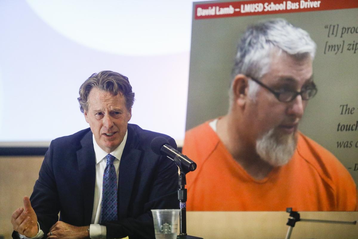 Dave Ring, an attorney with Taylor & Ring, speaks at a news conference Tuesday in San Luis Obispo announcing a lawsuit against the Lucia Mar Unified School District, bus driver David Lamb and the San Luis Obispo County Office of Education on behalf of a 9-year-old special needs student who was allegedly molested by Lamb, pictured at right.