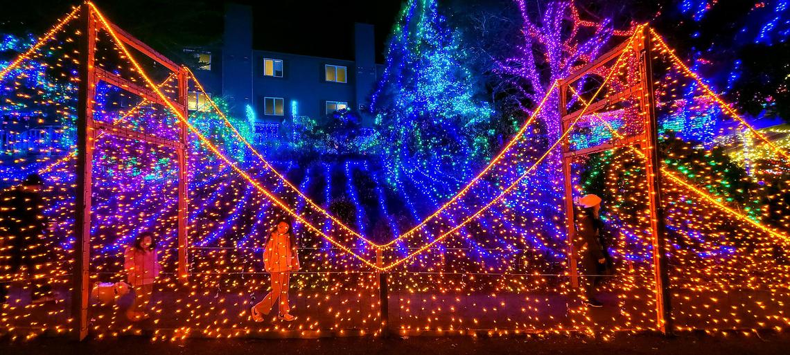 An annual light display inspired by the Golden Gate Bridge is among the attractions at Cambria Christmas Market on Wednesday, Dec. 14, 2022. More than 2 million lights set the stage at the market.