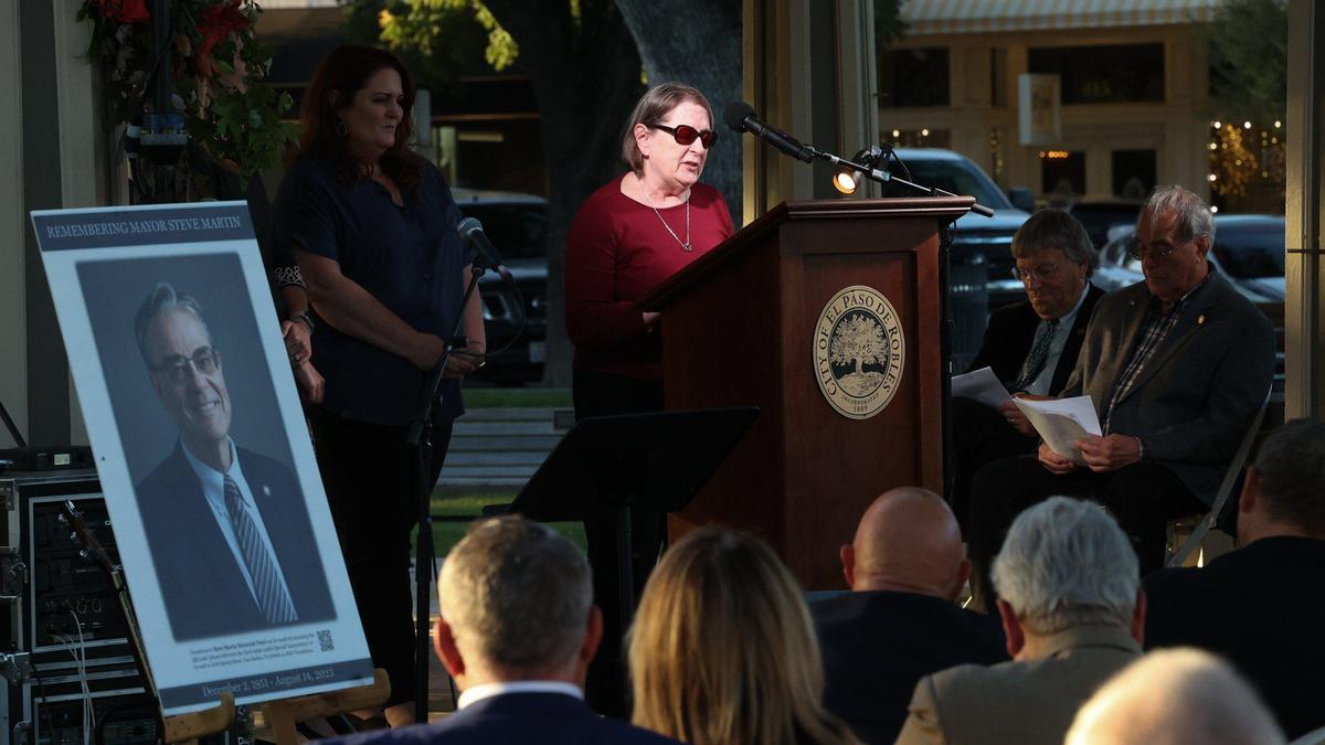Jennifer Martin, widow of late Paso Robles Mayor Steve Martin, spoke about her husband of nearly 50 years at a memorial on Wednesday, Sept. 27, 2023. Over 100 people gathered to honor Martin at the Downtown City Park.