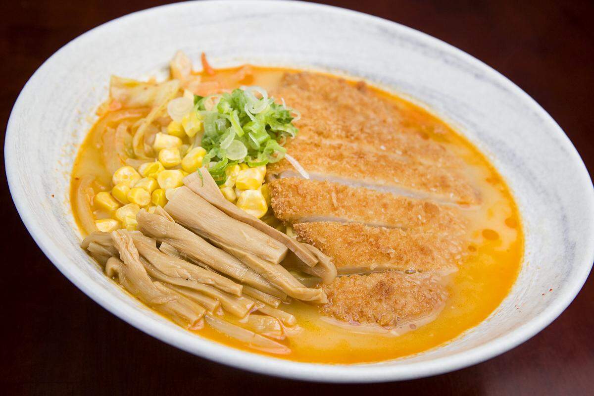 Raku Ramen, with breaded pork, corn and bamboo shoots.