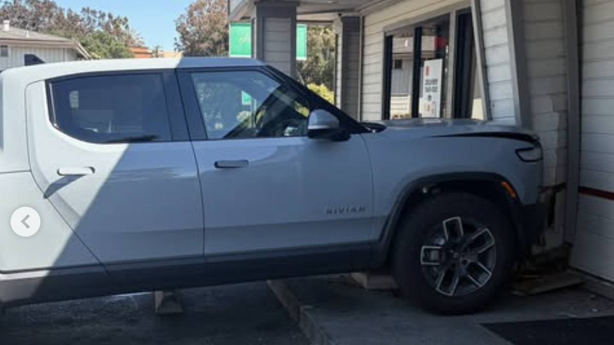 A white pickup truck crashed into the outside of the Jack In The Box on the corner of Santa Rosa and Olive Streets in San Luis Obispo on June 15, 2025.