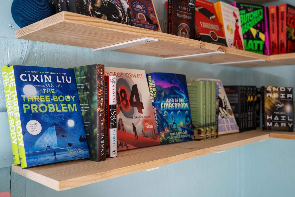 The science fiction shelves at Salty Pages, a new bookstore in Cambria, on Wednesday, March 25, 2026. The bookstore opened on March 20 with a collection of around 300 books to start.