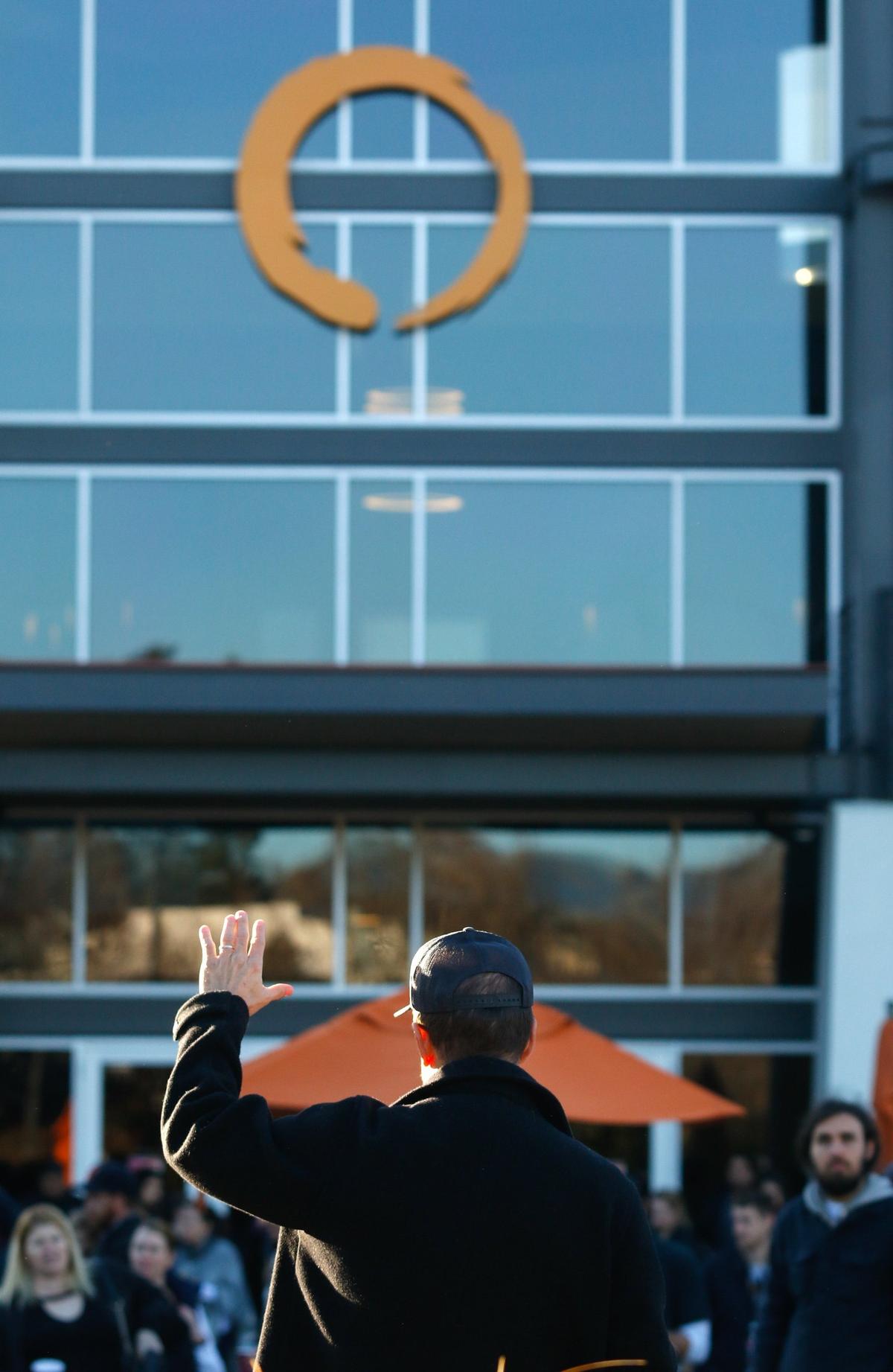 Mindbody CEO Rick Stollmeyer spoke to employees at a celebration party at the San Luis Obispo offices. David Middlecamp 2-22-2019