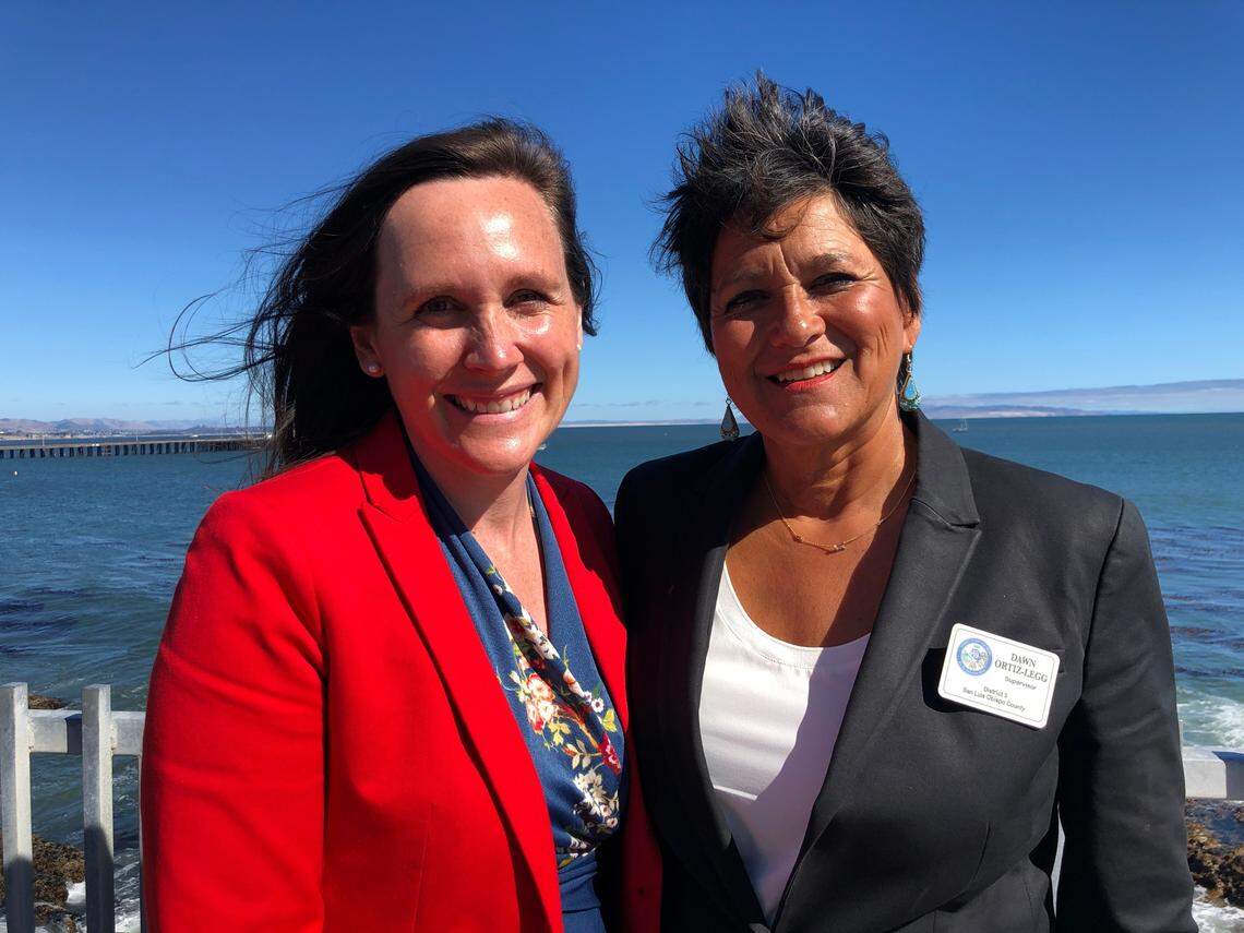 Santa Barbara City Council member and newly appointed California Coastal Commissioner Meagan Harmon, left, and San Luis Obispo County Supervisor Dawn Ortiz-Legg pose for a picture at Cal Poly Pier in Avila Beach. Ortiz-Legg took Harmon on a tour of local coastal sites in June 2021.