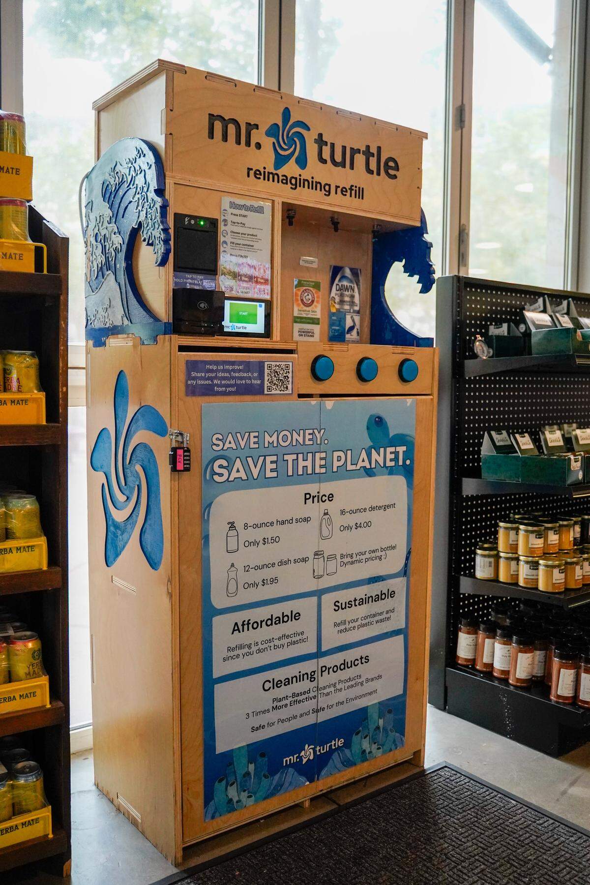 A Mr. Turtle soap refill machine at Cal Poly's Poly Canyon Village Market on Monday, March 30, 2026. The machines can refill dish soap, hand soap and laundry detergent using their own refillable containers.