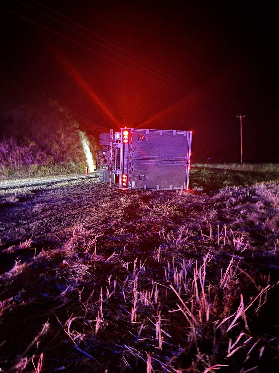 Cal Fire responded to a big rig rollover on Highway 166 near Miranda Canyon Road at around 10:42 p.m. on Tuesday, April 28, 2026.