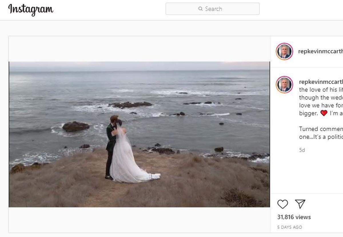 A screen grab from House Minority Leader Kevin McCarthy’s Instagram page showing his son Connor and daughter-in-law Emily McCarthy’s Dec. 5, 2020, wedding in Cayucos.