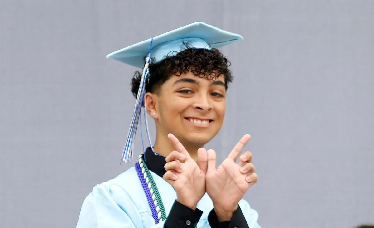 Joesue Jauregui gesters toward his classmates. Central Coast New Tech High School honored 57 graduates in the Class of 2025 on June 7, 2025. Students are heading to schools like UC Davis, Cal Poly and UC Berkeley.